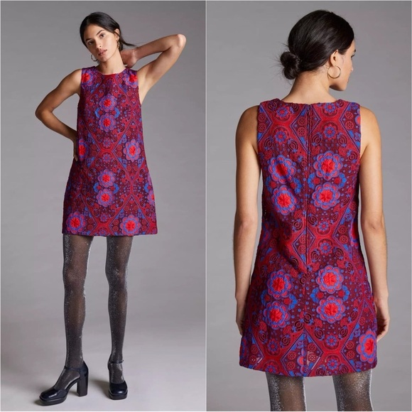 Anthropologie Eva Franco Eyelet Mini Dress Embroidered Lace Burgundy 2 NWT New - Picture 2 of 12